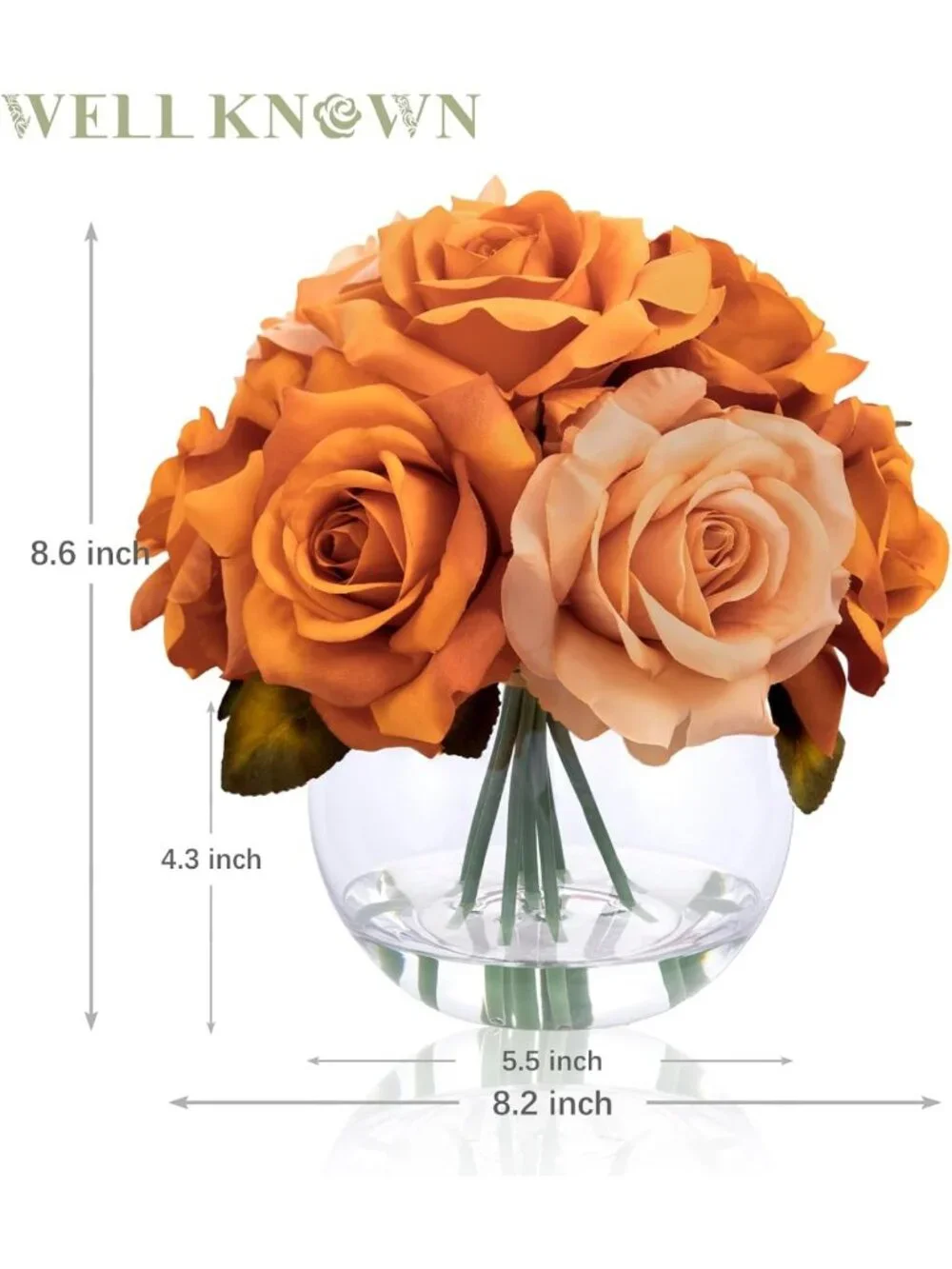 Elegant Burnt Orange Rose Arrangement in Vase with Faux Water - Artificial